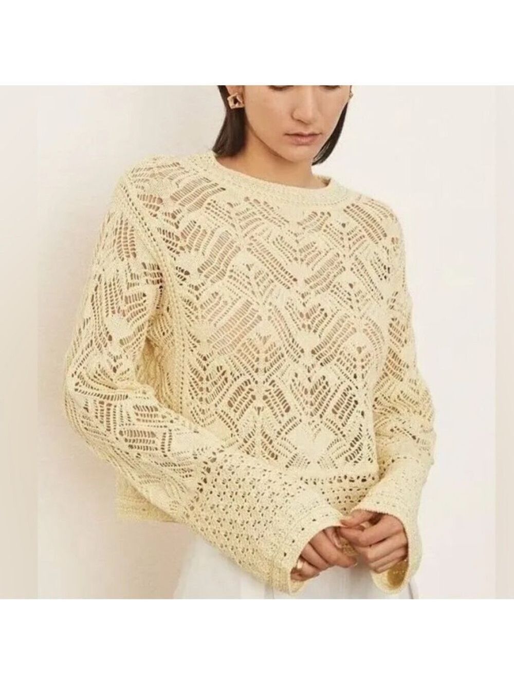 NWT. VINCE Lace Patchwork Pullover Organic Cotton Sweater in Pale Yellow size L